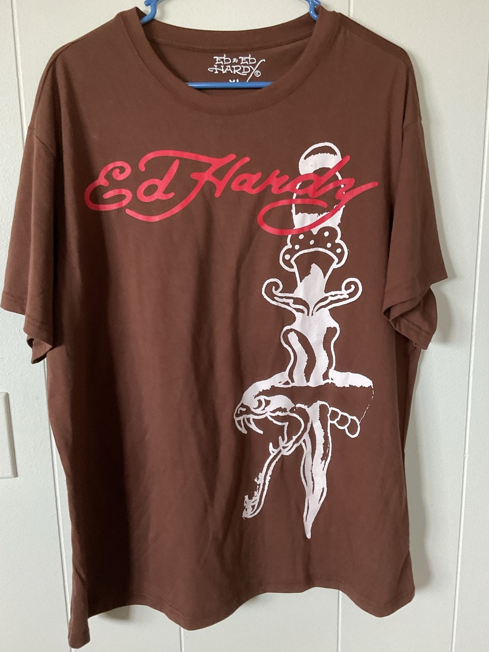 Ed Hardy Brown Short Sleeve Tee with Red Script and White Dagger Graphic